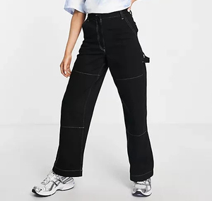 Pantalon cargo en denim noir taille haute pour hommes, coupe ample, couleur unie, style décontracté, tissu en coton mi-lourd, vêtements d'automne - Product Image 3