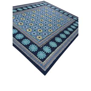 พรมขนสัตว์ขนาดใหญ่สีน้ำเงินอัลฮัมบรา 9x12 ฟุต ทอแบบเรียบด้วยเส้นใยปอกระเจา พร้อมลวดลายเรขาคณิตแบบแพทช์เวิร์คสำหรับทางเดินรูปสี่เหลี่ยมผืนผ้า-ADWL-13172 - Product Image 2