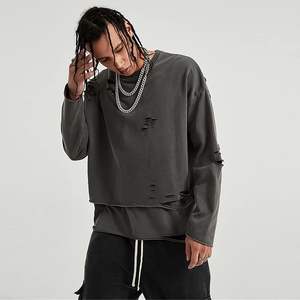 Streetwear vintage déchiré sweat hommes mode automne couleur unie sweat surdimensionné - Product Image 4