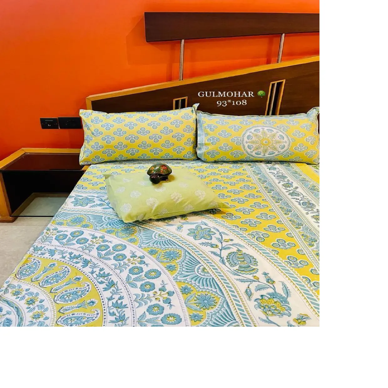 custom made yellow coloured printed 100% cotton bedsheets in different designs & various sizes in geometrical designs