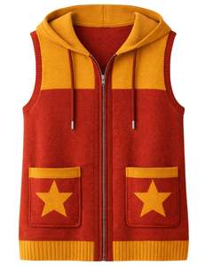 Customized <b>Women</b> Red And Mustard Hooded Sleeveless Knit <b>Vest</b> Wool Acrylic Blend Zipper Closure Star Pocket Winter Casual <b>Sweater</b> - Product Image 1