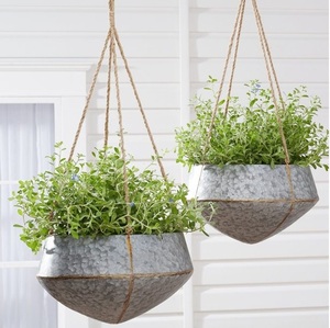 Oniya-Juego de dos macetas de jardín para exteriores con diseño de cuerda rústica, barandilla colgante cilíndrica de metal galvanizado vintage - Product Image 3