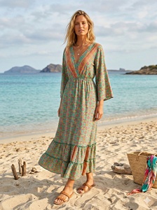 Free Size Korean Geometric Y2K Natural Boho Woven Silk A-Line Floor-Length V-neck <b>Elastic</b> Waist Ruffle Hem <b>Dress</b> Spring Simple - Product Image 2