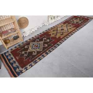 Vintage Kilim Wool <b>Rug</b> Red and Brown Patchwork Design 29x12 ft for Entryway 10mm <b>Thick</b> for Teens - Product Image 2