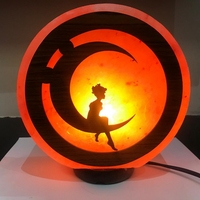 Lampe de sel de l'Himalaya artisanale USB Rosa, sculptée en forme de fille et de lune, 600g, lumière LED RGB, capacité ionisante 5 m², base en bois, Pakistan, 1 alimentation