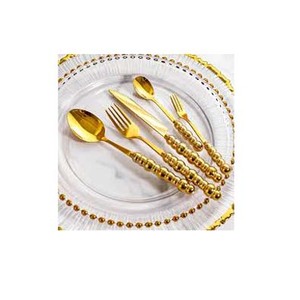 ชุดมีดขัดเงาทองสดใสชุดเครื่องใช้บนโต๊ะอาหารที่จับลูกปัดโลหะสีทองงานแฮนด์เมด - Product Image 1