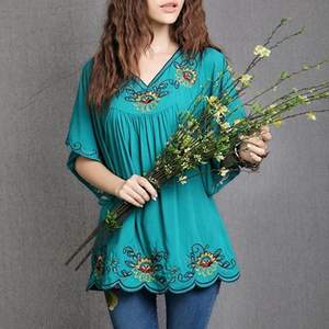 เสื้อคลุมแขนสามส่วนผ้าฝ้าย100% ปักลายคอวี,เสื้อคลุมสำหรับผู้หญิงสีมิ้นท์เข้มทรงหลวมเสื้อคลุม - Product Image 2