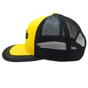 6แผงหมวกทรูเกอร์แบบสั่งทำ3D โลโก้แบบมีขอบแบนสีดำและสีเหลืองแบบตาข่ายเย็บสีตัดกันหัวเข็มขัดกระดุมแถวเดียวทำจากพลาสติก - Product Image 3