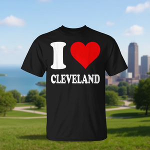 T-shirt I Love Cleveland con design a cuore rosso e nero, abbigliamento promozionale - Product Image 3