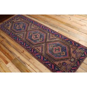 Alfombra Turca de 3,37x9,5 pies, Alfombra Geométrica Azul Vintage - Product Image 4