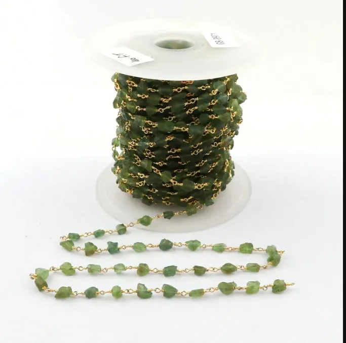 Chaîne de chapelet en apatite verte brute Apatite verte naturelle Perles brutes 6-8MM Or 18 carats Vermeil Chaînes perlées enroulées en fil d'argent sterling