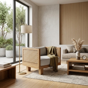 Our Modern Furniture Aswattha Visionary Solid Wood Woven Armchair Elegant Rattan Panel Lounge Sofa For Living Room Setup Art - Product Image 2