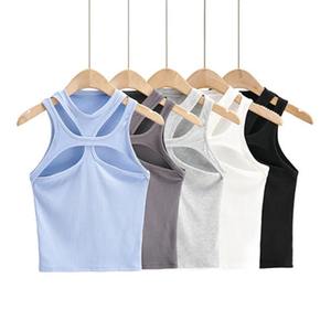 Girls New Asymmetrical Hollow Solid Color <b>Knitted</b> Halter Neck <b>Short</b>-<b>sleeved</b> Summer Sexy Sporty Breathable Tank <b>Top</b> - Product Image 1