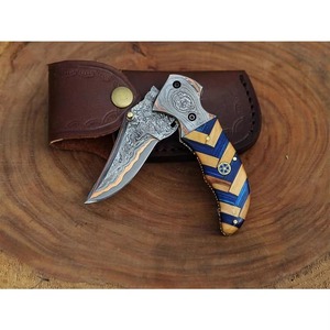 Cuchillo de bolsillo plegable de acero damasco, mango de madera personalizable, multifuncional, OEM, compatible con caza, Camping, uso al por mayor - Product Image 4