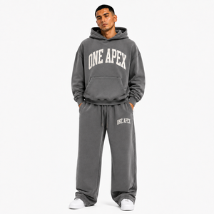 Men's <b>Washed</b> Charcoal <b>Grey</b> <b>Acid</b> <b>Washed</b> Regular Fit Heavyweight Cotton Hoodie Sweatpants <b>Tracksuit</b> Set Quick Dry Breathable - Product Image 1
