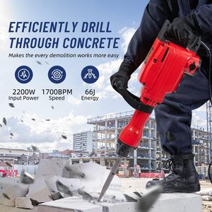 Marteau-piqueur électrique industriel et DIY robuste 1700 BPM pour le brisage du béton avec burins et mèches de dégrossissage, alimenté par batterie et livré avec mallette - Product Image 2