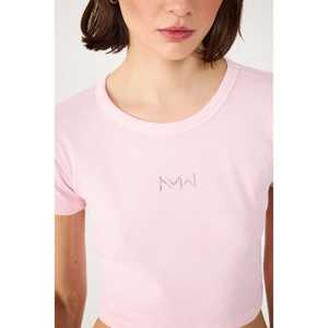 T-shirt court pour femme 100% coton côtelé Broderie en pierre Maille Col à nœud Respirant Style décontracté Taille unique convient à toutes les tailles XS XXS - Product Image 4