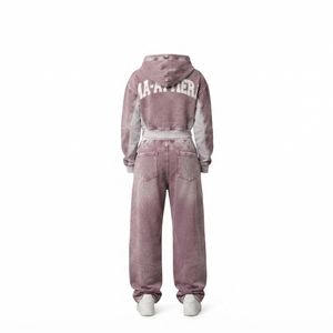 Custom Women Acid Wash Mauve Pink <b>Cropped</b> Hoodie Wide Leg <b>Jogger</b> Set Cotton Fleece Streetwear Tracksuit OEM Wholesale - Product Image 6