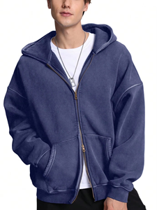 OEM personnalisé hommes Double fermeture éclair à capuche surdimensionné acide lavage sweats à capuche lourd polaire coton fermeture éclair Vintage violet à capuche pour homme - Product Image 3