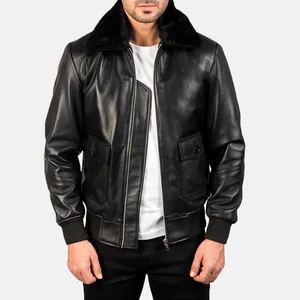 Chaqueta de bombardero de cuero Chaqueta de motocicleta negra Premium de alta calidad Hombres de concha de cuero genuino para invierno