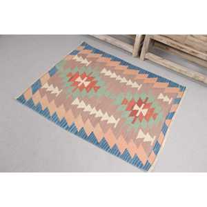 Tapis Kilim vintage 2,8 x 3,5 pieds, tapis turc, tapis en laine bleu à motifs floraux - Product Image 1