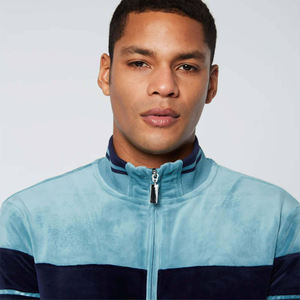 Custom Blue 100% Cotton Velour Windproof Tracksuit Set <b>Zip</b>-<b>Up</b> Jacket Pants Textured Design Contrast Stripes Solid Pattern Winter - Product Image 6