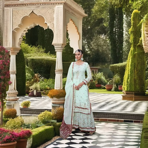 Lo último en ropa de boda para mujer, trabajo de secuencia y hilo pesado, Salwar Kameez con elegante encaje de cuatro lados, Broder Foux Georgette Dupatta - Product Image 1