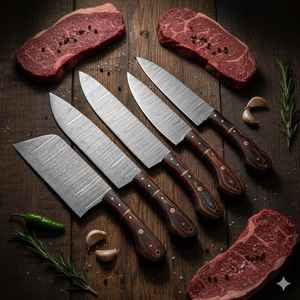 Juego de Cuchillos de Chef de Acero de Damasco de Alta Calidad, 5 Piezas, Hechos a Mano, con Mango de Madera, Venta Caliente, para Uso en Cocina, Directo de Fábrica, con Funda - Product Image 1