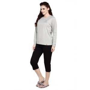 Ensemble Capri à manches longues pour femme Evolove, col rond gris avec imprimé Evolove, pyjama en tricot doux - Product Image 3