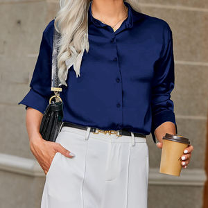 Mujeres Diseño de moda Nuevo estilo Drapeado Tops sueltos Camisas Sueltas Color sólido Nueva camisa de satén de manga larga - Product Image 2