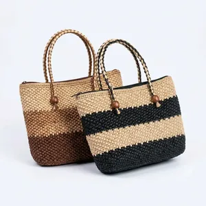 Sac seau en raphia fait main avec fermeture éclair, deux pompons, portable, en polyester, pour femme, pliable, décontracté, pour la plage et les voyages - Product Image 4