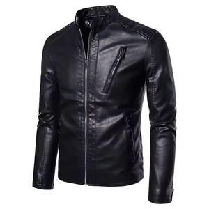 Recién llegado, chaqueta de cuero de invierno de talla grande con cuello levantado, logotipo personalizado, bolsillo con cremallera, abrigo de motocicleta teñido liso - Product Image 1