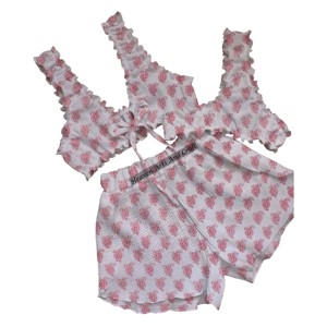 Three Pieces Baby Doll Bra Panty Shorts Set Halt Top Nighties Lingerie Sexy For Women With Hand Block Printed Cotton - Product Image 4