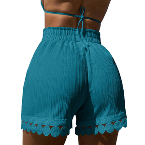 Shorts Bermuda Femme Taille Haute à Cordon de Serrage, Bordure Dentelle, Couleur Unie, Tissu Coton Froissé, Coupe Droite, Décontracté, Été, Plage - Product Image 2