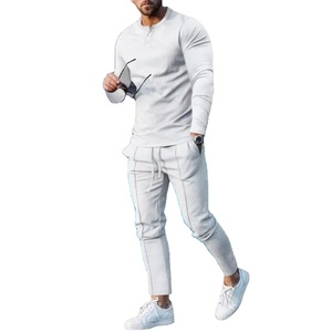 Automne nouvelle grande taille hommes couleur unie Henry pantalon à manches longues costume tendance nouveau survêtement à carreaux ensembles pour hommes - Product Image 1