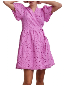 Light <b>Pink</b> Casual Cotton <b>Wrap</b> Dress with Cut Out Detail and All-Over Tie ODM Supply Natural Waistline Mini A-Line Summer - Product Image 1