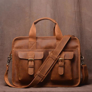 Classic Korean Vintage Cowhide Leather Laptop Briefcase Crossbody Shoulder Strap Zipper Closure Large Capacity Portable Durable - Product Image 1
