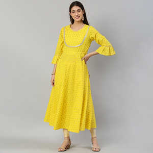 Anarkali Kurta en coton cambric imprimé Butti doré, Shalwar Kameez lourd cousu, Lehenga jaune pour soirée, style indien - Product Image 4