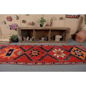 Vintage <b>Runner</b> Rug 3.1x10.6 ft, <b>Red</b> Polka dot Turkish Wool Rug - Product Image 4