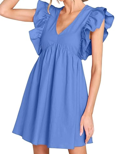 Vestidos Elegantes de Corte Holgado en Azul Claro para Mujer, Cuello en V Profundo, Manga Corta con Volantes, Estilo Casual de Largo Mini con Dobladillo Recto - Product Image 1