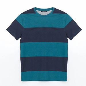 Camiseta a rayas para hombre al por mayor, ropa de verano informal, Camiseta de cuello redondo de media manga de algodón y poliéster con rayas horizontales azul marino y verde azulado - Product Image 4