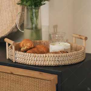 ถาดเสิร์ฟหวายทรงกลมพร้อมที่จับจานหวายสำหรับตกแต่งบ้านและห้องครัว - Product Image 1
