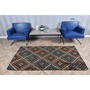3.6x6.7 ft Turkish Area <b>Rug</b>, <b>Black</b> Orange Vintage Check Wool <b>Rug</b> - Product Image 2