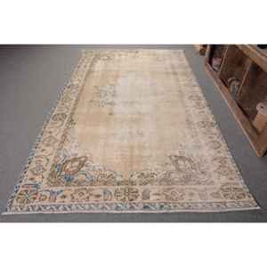 Alfombra turca Vintage Beige Azul 5,3X9,4 pies Tejido plano de lana con patrón de retazos para decoraciones de sala de estar o uso en el pasillo - Product Image 1
