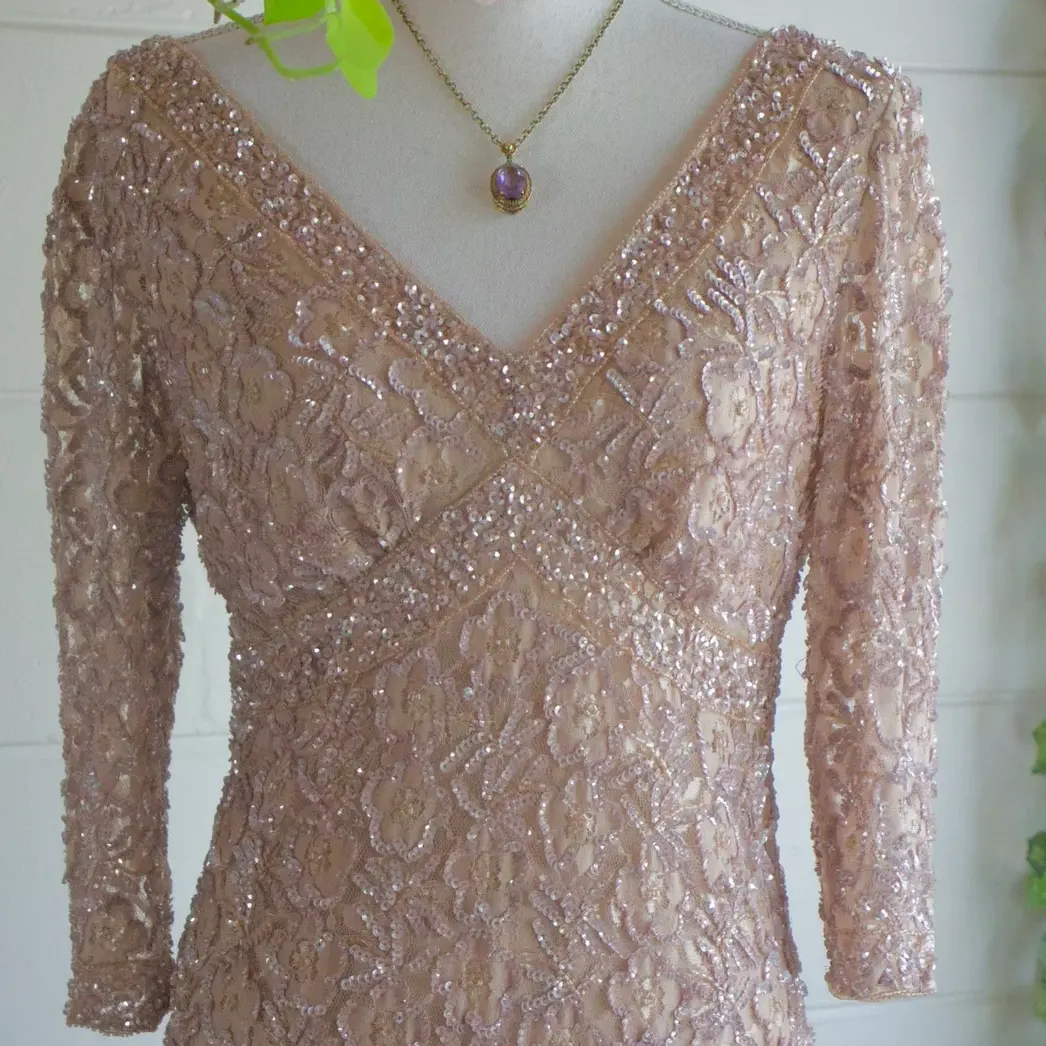 Vintage Sequin Beaded Dress - to - Formal Midi Dress - Flapper Style - Boho Bohemian Chic - Romantic - Medium Large - Neutral