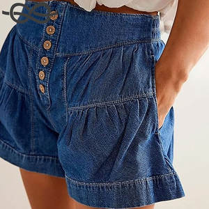 Shorts de Mezclilla para Mujer, Casuales, de Verano, Cintura Media, Pierna Ancha, Plisados, con Volantes, Modernos, Cómodos, Lavados, de Color - Product Image 4