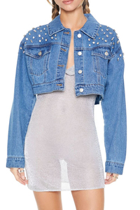 Veste en jean pour femme, unie, teinte unie, automne, décontractée, vêtement d'extérieur, veste en jean boutonnée, coupe courte, oversize, veste en jean - Product Image 3