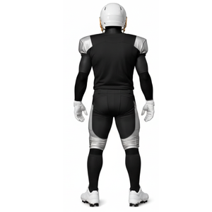 Conjunto de Uniforme de Fútbol Americano Negro y Plateado de Élite, Jersey con Gráficos Sublimados y Hombros Plateados Reforzados y Pantalones - Product Image 3