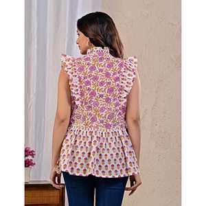 Haut chic pour femme imprimé floral blanc et rose en coton et soie popeline, avec dentelle brodée et col asymétrique, tailles XL XXL pour l'automne - Product Image 6