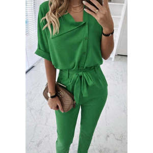 Ensemble deux pièces pour femme, chemisier en crêpe à manches courtes et col boutonné, pantalon assorti, 32308 - Vert - Product Image 3